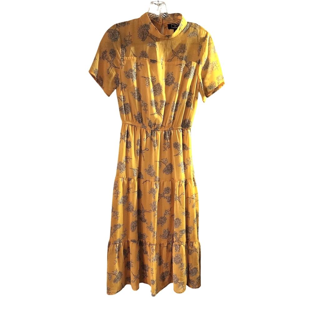 Lulus Yellow Mock Neck Elastic Waist Short Sleeve Tiered Career Midi Dress XS
